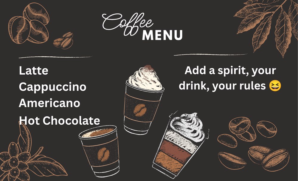 Coffee menu at The Prince George: Latte, Cappuccino, Americano, Hot Chocolate