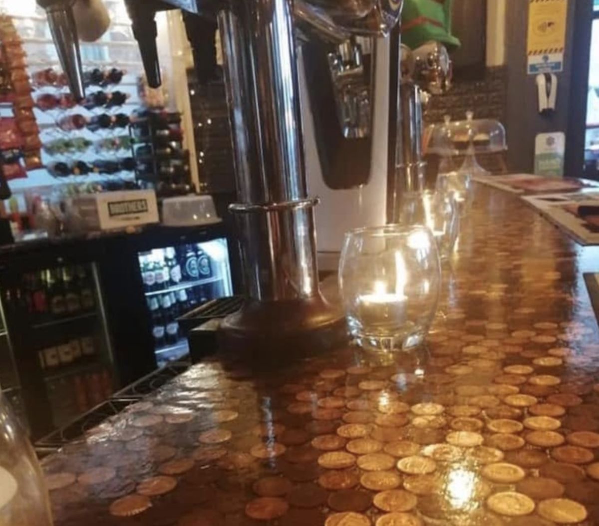 Penny-topped bar counter at The Prince George