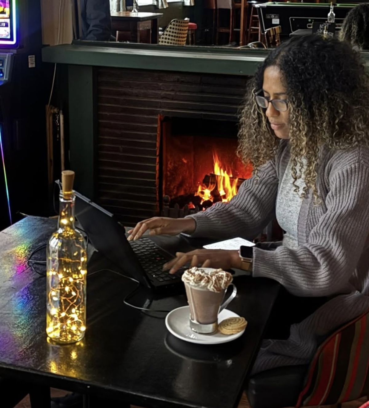 Working by the fireplace at The Prince George
